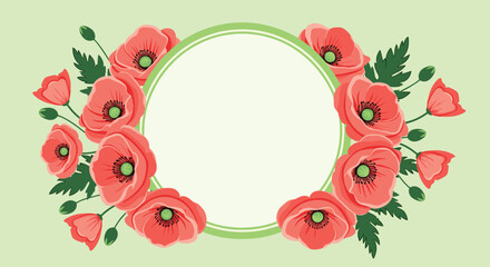 A beautiful floral wreath with vibrant red poppy flowers and green leaves encircles a blank cream frame on a gentle light green background.