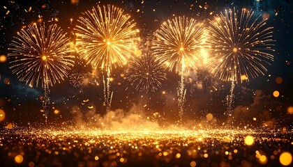 Luxurious New Year background, elegant golden fireworks bursting in the dark night sky, sparkling confetti floating, soft bokeh lights, cinematic lighting, high contrast, ultra-realistic, premium stoc
