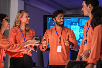 A young innovator in the near future, her smart glasses displaying an augmented reality presentation, smiles as she witnesses a breakthrough in immersive collaborative technology.