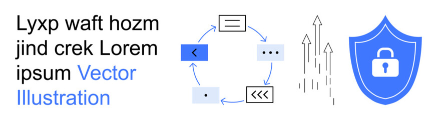 Data security, digital growth, encryption tools, protection strategy, workflow processes, and cybersecurity. Circular workflow diagram with arrows and a shield lock symbol. Data security