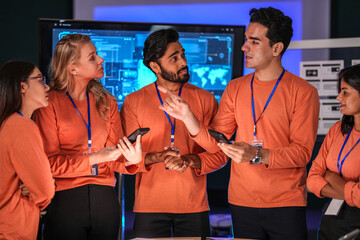 A young innovator in the near future, her smart glasses displaying an augmented reality presentation, smiles as she witnesses a breakthrough in immersive collaborative technology.