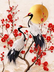 Obraz premium Elegant Japanese New Year Card Design with Cranes