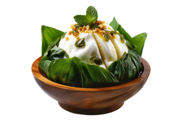 Banana pudding dessert with whipped cream in wooden bowl, styled with green leaves, isolated on white transparent background, concept of Papua New Guinea sweet treat