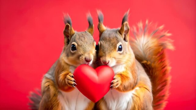 Squirrels holding a heart on red backdrop.