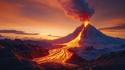Fototapeta premium Serene Volcano Eruption with Flowing Lava at Dusk