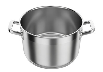 Large empty stainless steel cooking pot with two handles isolated on background.