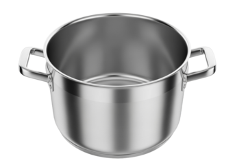 Large empty stainless steel cooking pot with two handles isolated on background.