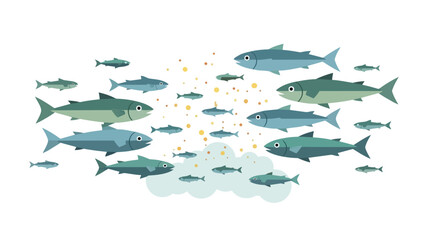 A vibrant school of animated fish swimming in formation across a clean white background depicting marine life and aquatic ecosystems in motion