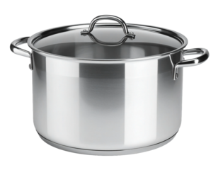 Large empty stainless steel cooking pot with two handles isolated on background.