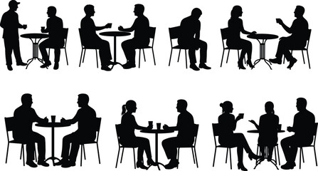 Cafe silhouettes, people sitting and talking, social interaction vector, black and white art, cad drawing flat vector illustration, restaurant table conversation scene