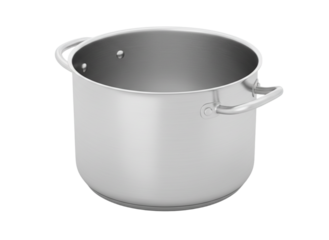 Large empty stainless steel cooking pot with two handles isolated on background.