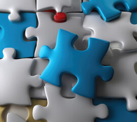 Fototapeta premium Blue puzzle piece white puzzle piece closeup connection solution teamwork background game challenge playful mood