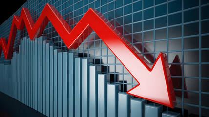 Dramatic red arrow pointing down with bar graph depicting financial decline, indicating falling markets or economic recession, set against a grid backdrop, a symbol of negative trends