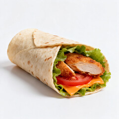 A freshly prepared crispy chicken wrap, filled with lettuce, tomato, and melted cheese, wrapped in a soft tortilla. Ideal for a quick, satisfying meal.