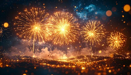 Luxurious New Year background, elegant golden fireworks bursting in the dark night sky, sparkling confetti floating, soft bokeh lights, cinematic lighting, high contrast, ultra-realistic, premium stoc