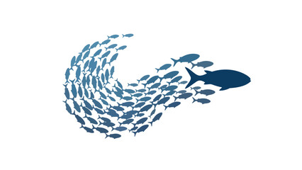 Fototapeta premium A large school of blue fish moving in unison with a larger predator fish in pursuit creating a dynamic swirling motion