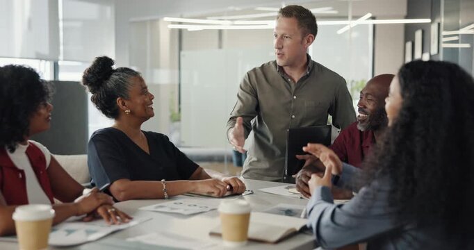 Business people, meeting and handshake in boardroom for introduction, welcome and stakeholder gathering. Paperwork, investment team and financial analyst shaking hands for greeting, charts and graphs
