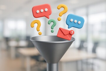 Information Funnel: An illustration of a funnel processing various information elements, including questions, speech bubbles, and an email icon. Suggesting organization and filtering of data