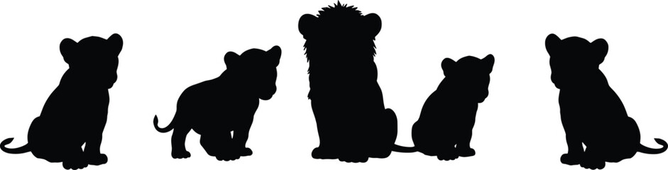 Lion cub silhouettes, animal vector illustration, wildlife icon set, black and white art, cad drawing flat vector illustration, jungle baby lions