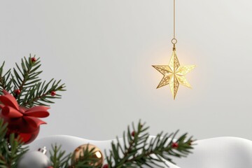 in a serene and minimalist christmas card design, a single, elegantly adorned star shines brightly against an expansive empty white background, the star.