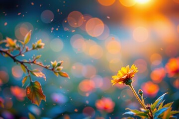 The vibrant colors of autumn flowers and the orange hues of changing leaves sparkle in the sunlight, creating a soft bokeh effect on the beautiful, seasonal branches.