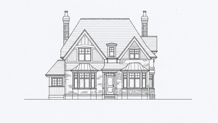Detailed line drawing of tudor style house suitable for real estate brochures, historical articles, home decor, and architectural design projects.