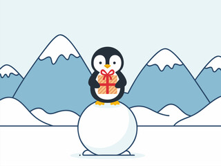 A cute cartoon penguin stands on a snowball holding a wrapped gift.