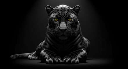 Black panther resting in dark studio with dramatic lighting