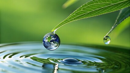 Water drop on green leaf close up