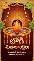 Sankranti theme wishes telugu poster/banner, sankranti subhakankshalu, bhogi and kanuma wishes