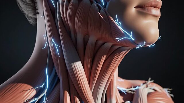 Cinematic orbital shot of human platysma muscle with glowing nerves