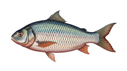 Fototapeta premium Detailed Illustration of a Freshwater Fish with Iridescent Scales and Orange Fins on a White Background, Aquatic Life.