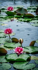 Pink water lilies blooming on pond surface, serene aquatic flowers among green lily pads, tranquil garden scene symbolizing calm, balance, nature beauty

