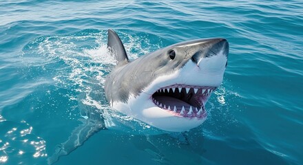 Great white shark breaching ocean surface, powerful marine predator in blue sea, dramatic wildlife moment symbolizing strength, danger, ocean nature
