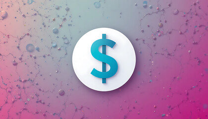 White circle with blue dollar sign on pink and purple gradient background with water droplets