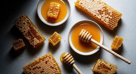 Honeycomb pieces with wooden dipper and bowl on dark background, natural honey still life representing sweetness, organic food, healthy lifestyle, rustic kitchen concept
