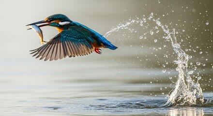 Kingfisher bird flying over water catching fish, dynamic wildlife action scene with splash, colorful feathers capturing speed, precision, nature hunting moment
