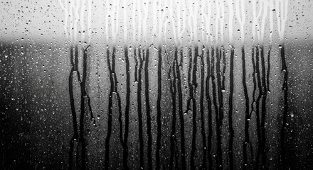 Rain drops running down window glass in dark mood, abstract wet surface background capturing sadness, loneliness, melancholy atmosphere, rainy weather
