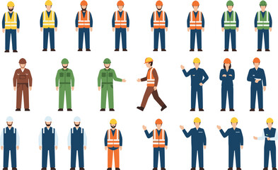 Industrial workers in safety gear, construction uniforms, helmets, vests, and coveralls representing diverse job roles on worksite vector illustration