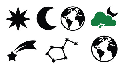 Collection of various black celestial body icons including stars, crescent moons, Earth globes, and constellations