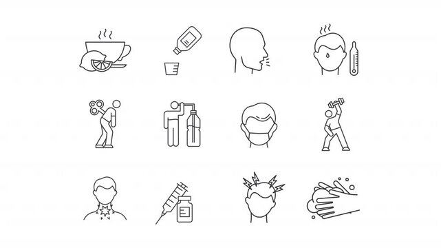 Common cold line animation set. Illness symptoms animated icons. Person taking medicine. Health issues, virus vaccination. Outline elements on white background. HD video with alpha channel