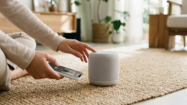 Person using smartphone to control smart speaker for music at home