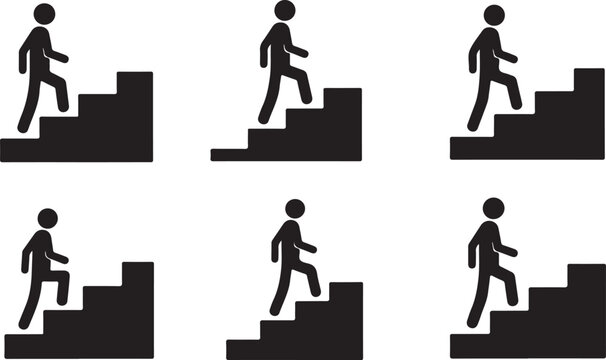 People Climbing Stairs Icons SilhouetteTitle:Six black silhouette icons of people climbing stairs on a white backgroundKeywords:people, climbing