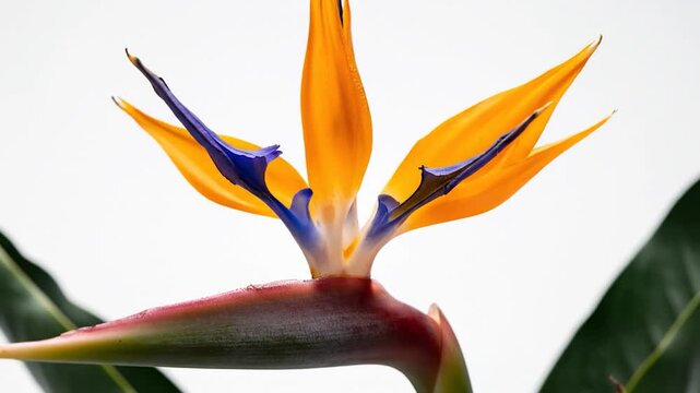Vibrant tropical bird of paradise flower closeup isolated white background