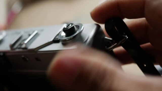 Photographer Hand Pressing Shutter Button on Vintage Film Camera Taking Picture Action Shot