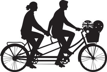Fototapeta premium Couple silhouetted riding a tandem bicycle with flowers in basket