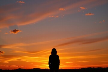 a silhouette of a person standing at the bottom of the frame against a vibrant sunset sky, with warm orange tones, clear copy space at the top for text.