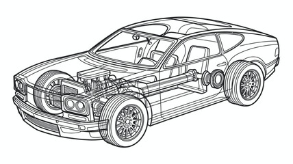 Detailed outline drawing of a classic car showing engine and internal mechanical components
