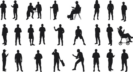 Silhouette people vector set, diverse human poses, mobility aids, standing sitting walking, inclusive lifestyle icons, black flat design, cad drawing flat vector illustration