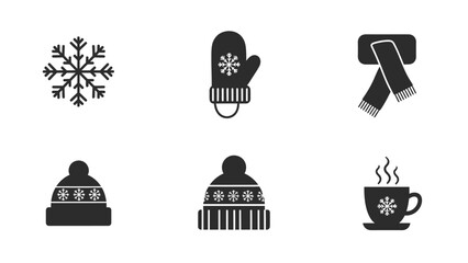 A flat lay of a Christmas icon set featuring a snowflake, scarf, glove, and mug on a white background with a festive holiday theme.
